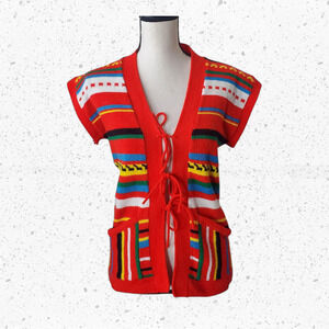 VTG 70's Knit Striped Knit Sweater Vest with Tie Front by Skiva Sz M